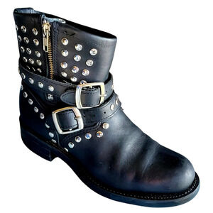 Boulet Women's Black Leather Metal Stud Buckle Biker Moto Goth Zip Ankle Boot 8